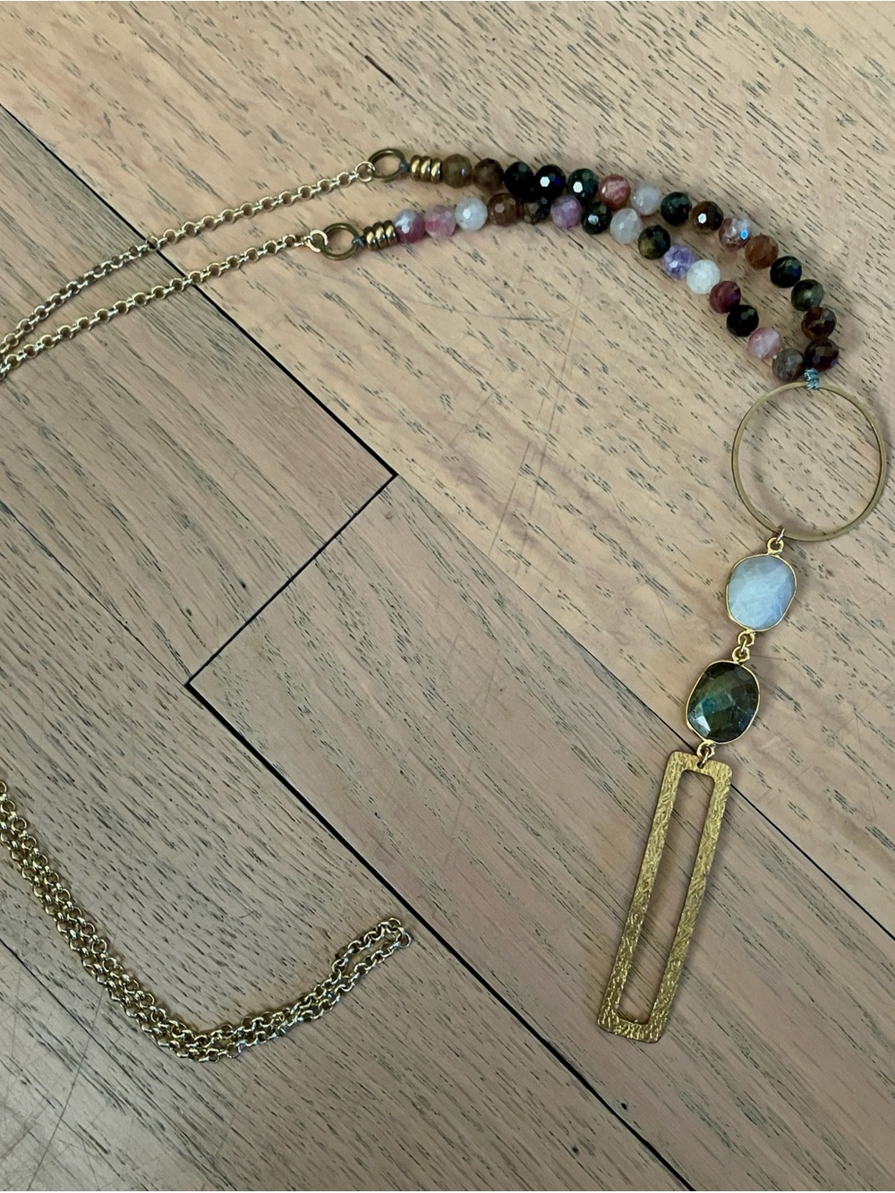 Gold-Tone Multi-Color Beaded Necklace with Gemstone Drops